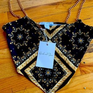 Brand new triangle Crop top, size small. Gold straps. Black and yellow design.